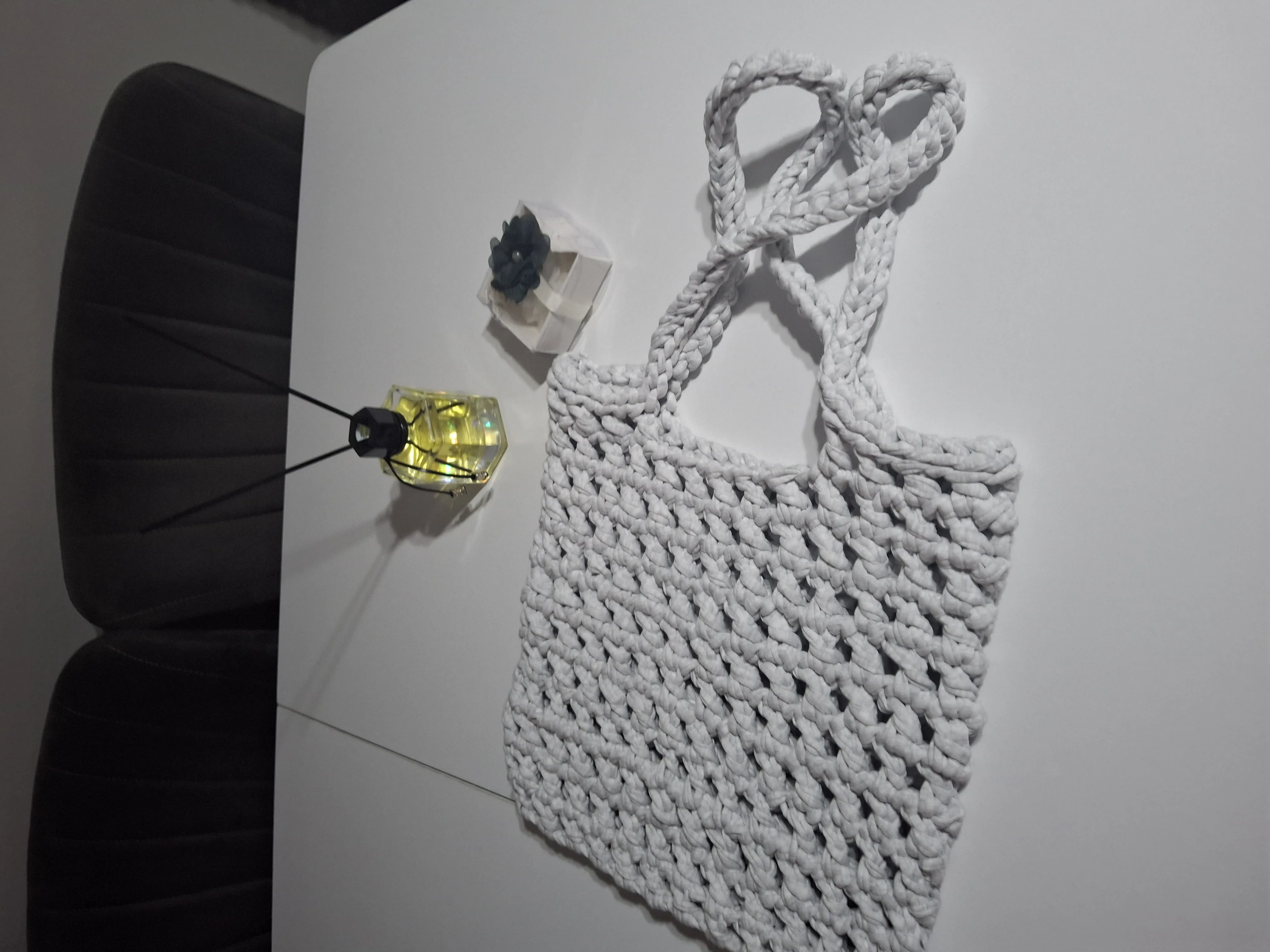 Açık Gri Renk Örgü Çanta - Penye İpten El Yapımı Plaj Çantası