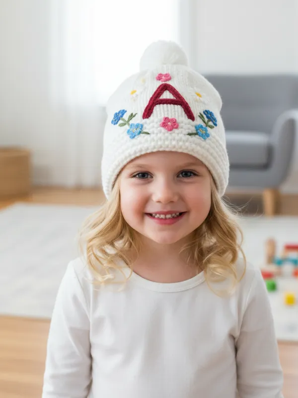 Çiçek Nakışlı Ponponlu Bere | Kişiye Özel İsimli/Harfli Kışlık Hediye