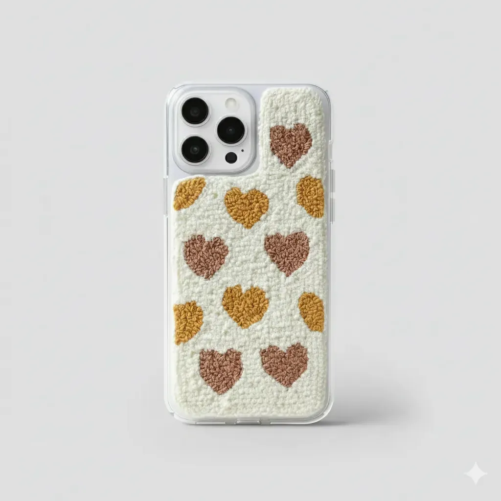 iPhone 15 pro Uyumlu El Yapımı Punch Nakışlı Kalp Desenli Telefon Kılıfı