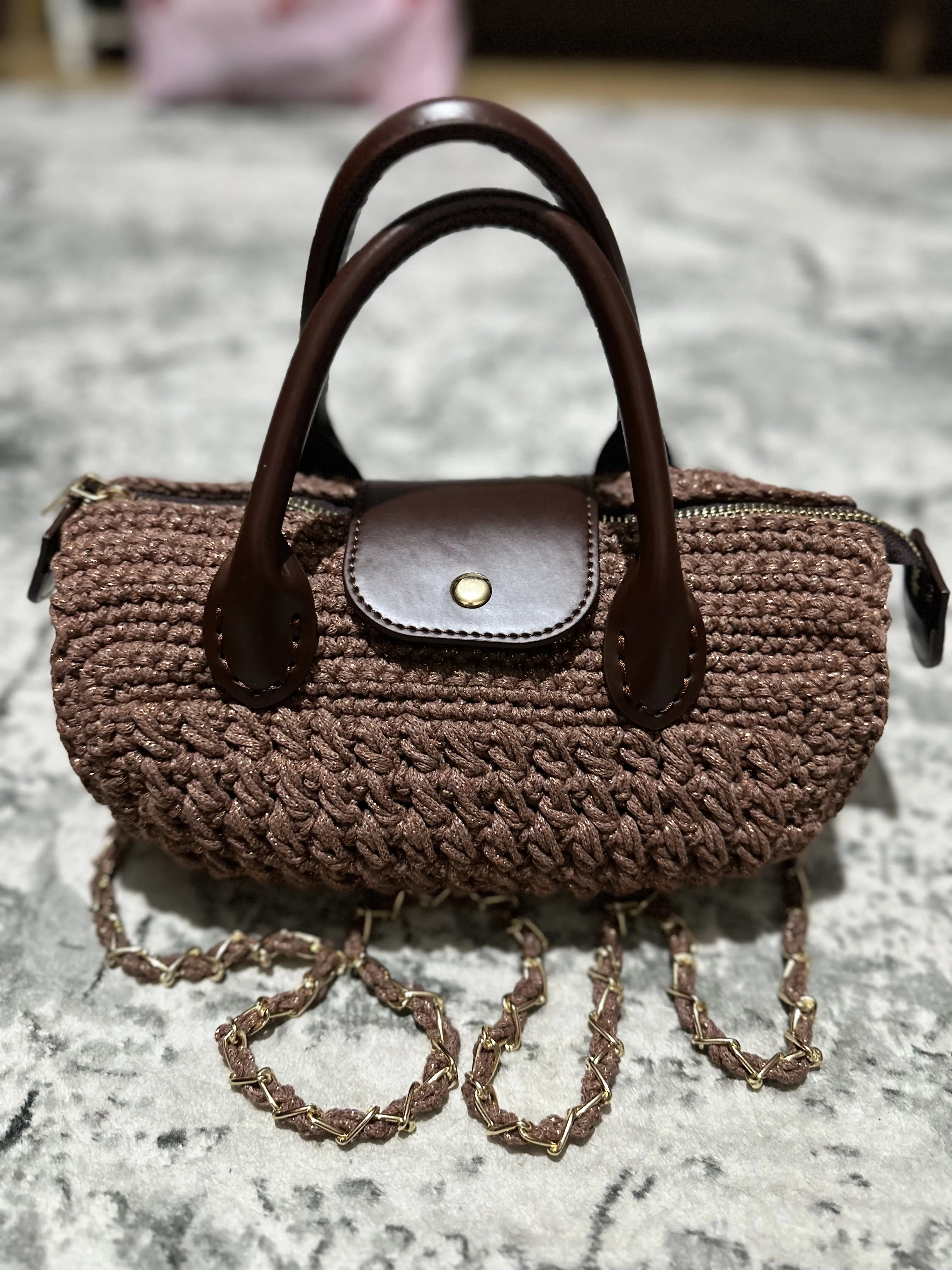 Kahverengi Simli İplik Örgü Omuz Çantası - Mocha Weave Tasarım