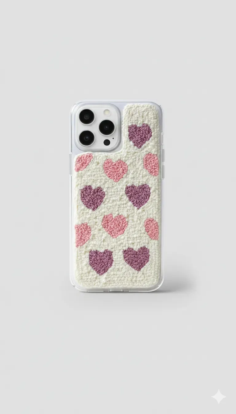 iPhone 15 pro Uyumlu Punch Nakış Mor ve Pembe Kalp Desenli Telefon Kılıfı