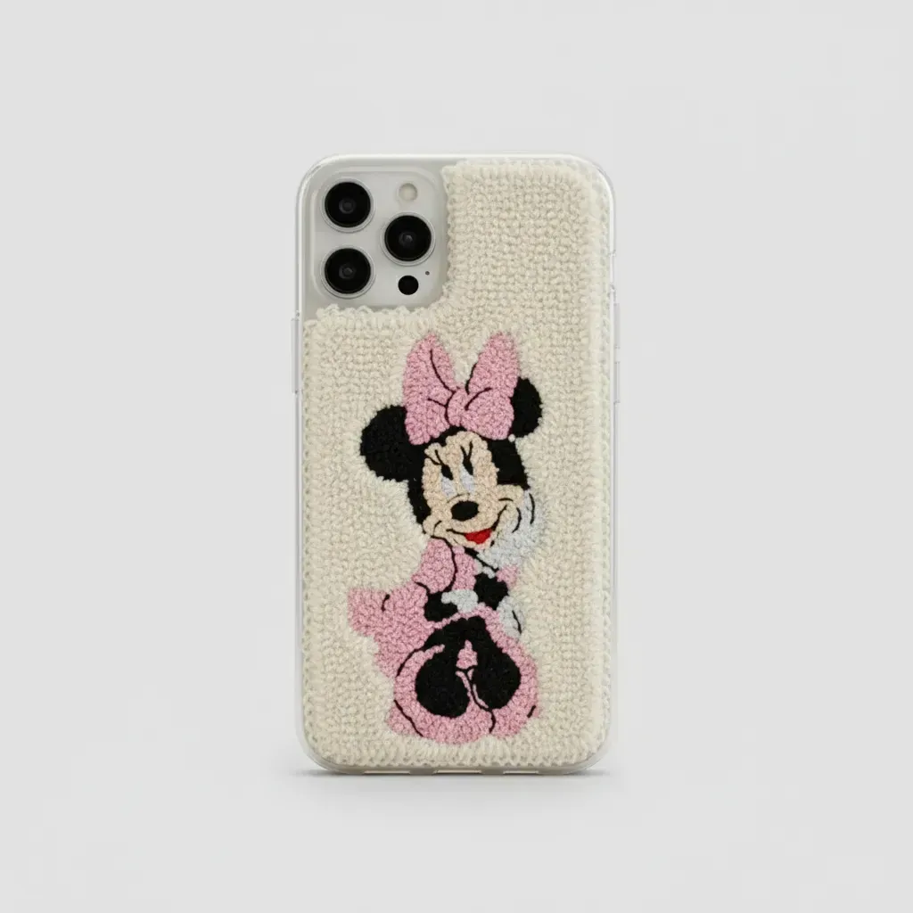 iPhone 14 Pro Uyumlu Minnie Mouse Punch Nakışlı Krem Telefon Kılıfı
