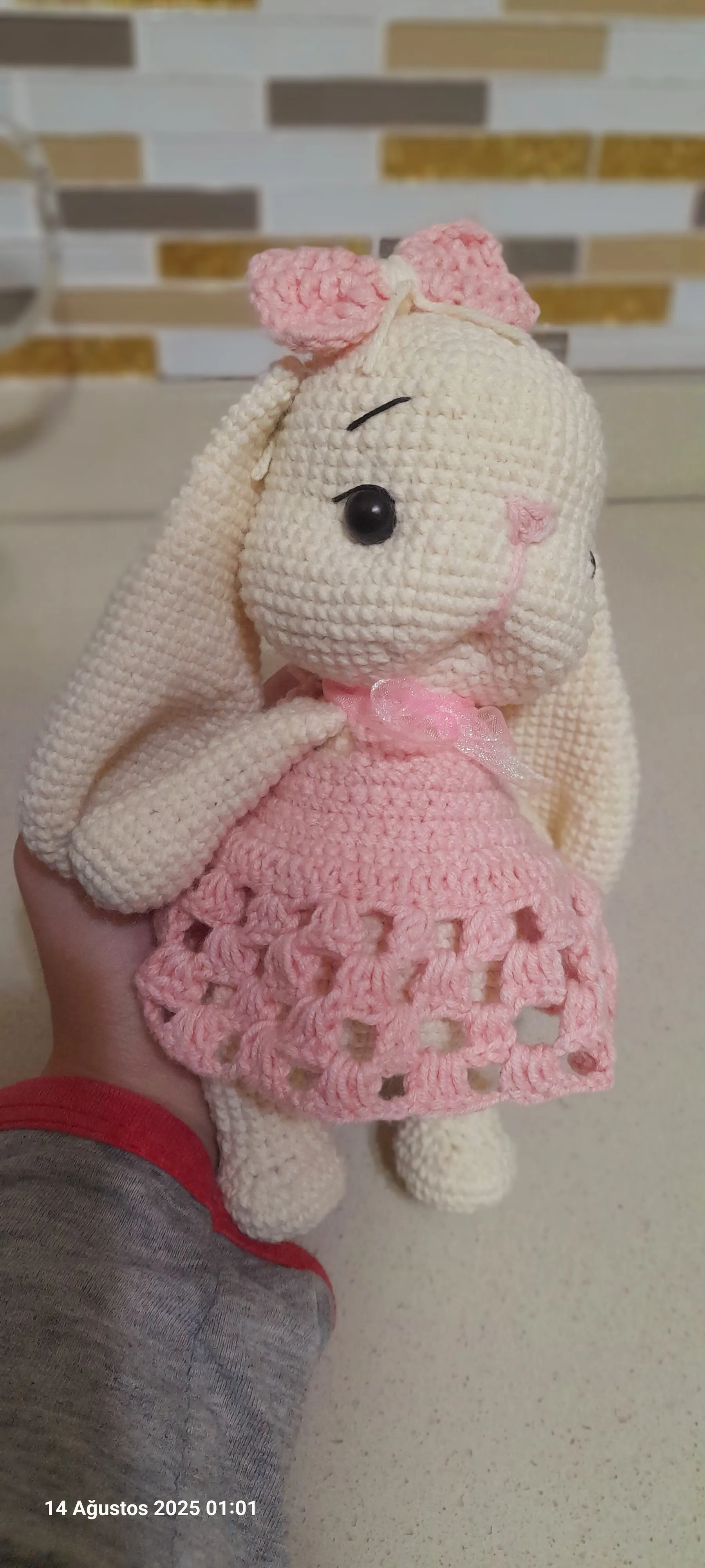 Örgü Tavşan Bebek Uyku Arkadaşı - Pembe Elbiseli, Uzun Kulaklı