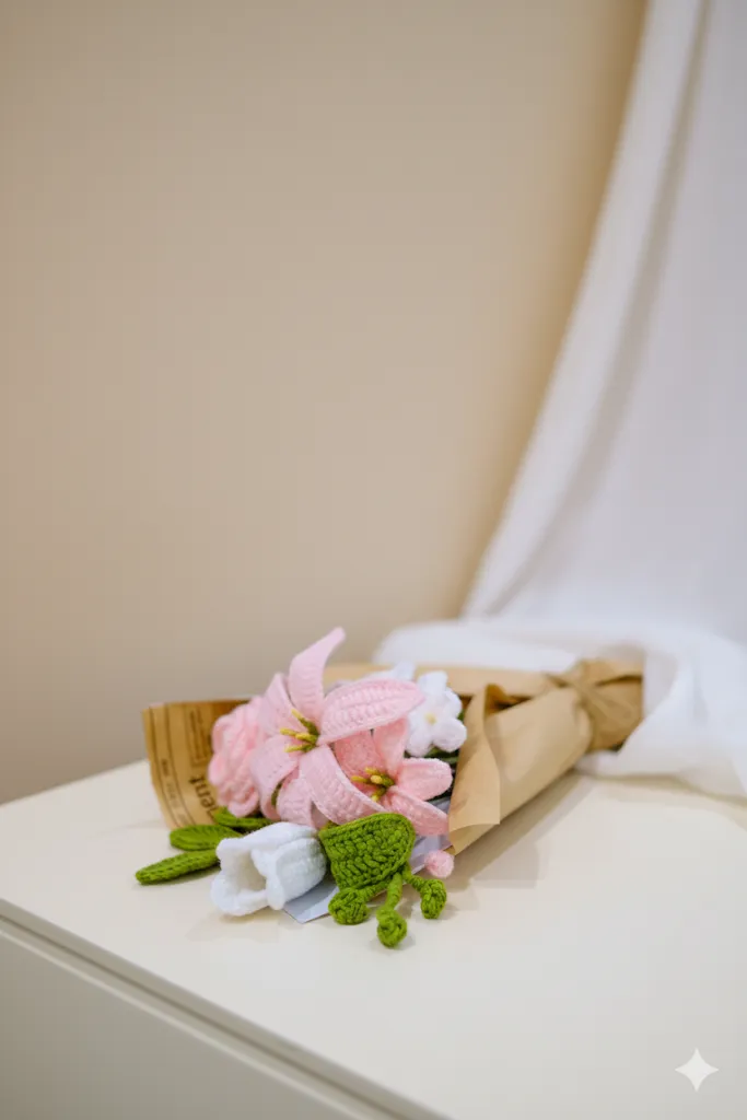 Pembe Lilyum ve çiçeklerden el yapımı örgü çiçek buketi 