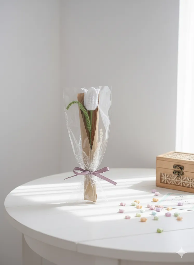 Beyaz Lale Örgü Çiçek Buketi - Tekli Hediyelik El Emeği