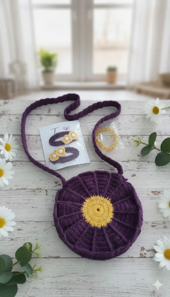 🌸 Papatya Zarafeti: Mor ve Sarı El Örgüsü Kombin Set! 🌼