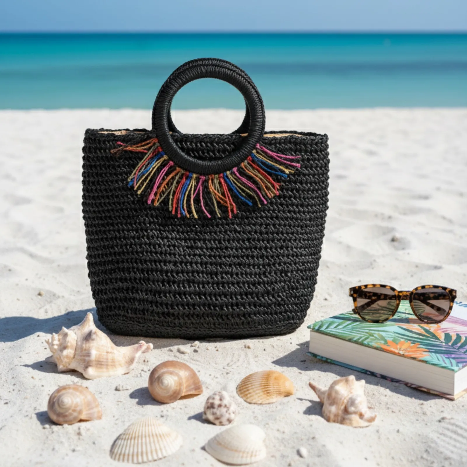 Renkli Püsküllü Hasır Plaj Çantası – El Örgüsü Yazlık Kadın Çanta Modeli