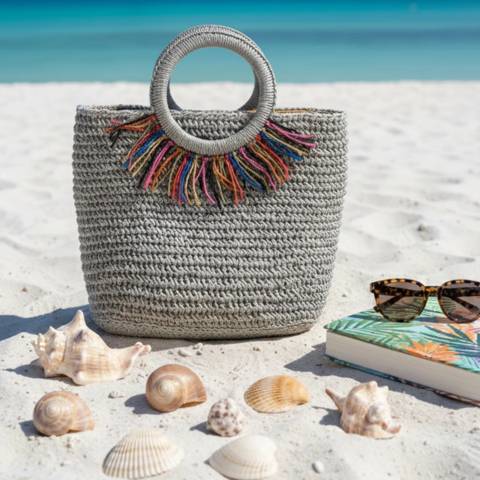 Renkli Püsküllü Hasır Plaj Çantası – El Örgüsü Yazlık Kadın Çanta Modeli