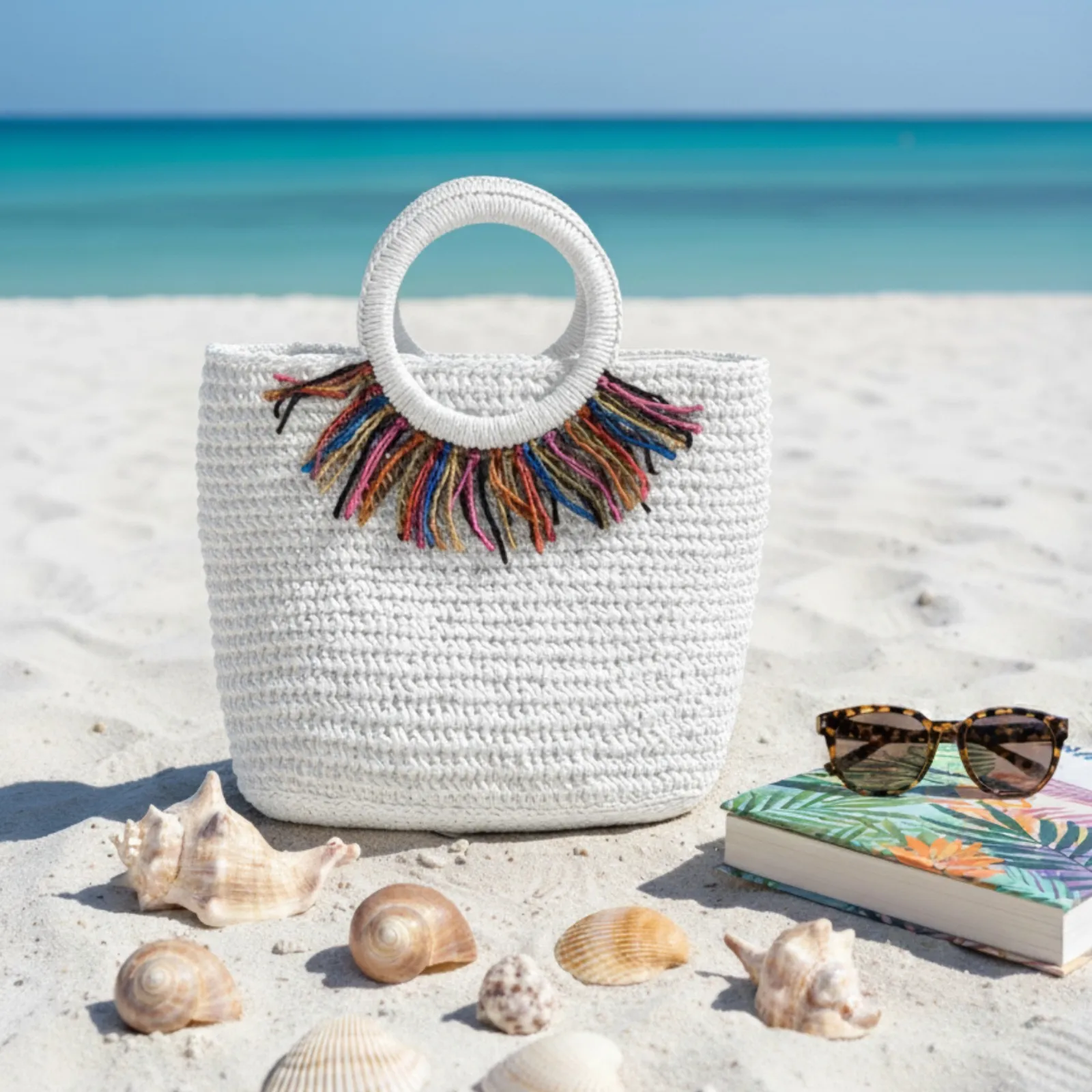 Renkli Püsküllü Hasır Plaj Çantası – El Örgüsü Yazlık Kadın Çanta Modeli