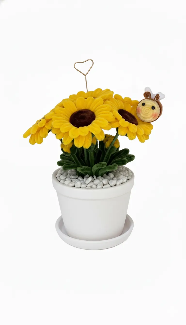 Şönil İpten Ballı Güneş Sarı Ayçiçeği Aranjmanı ve Arı Detayı