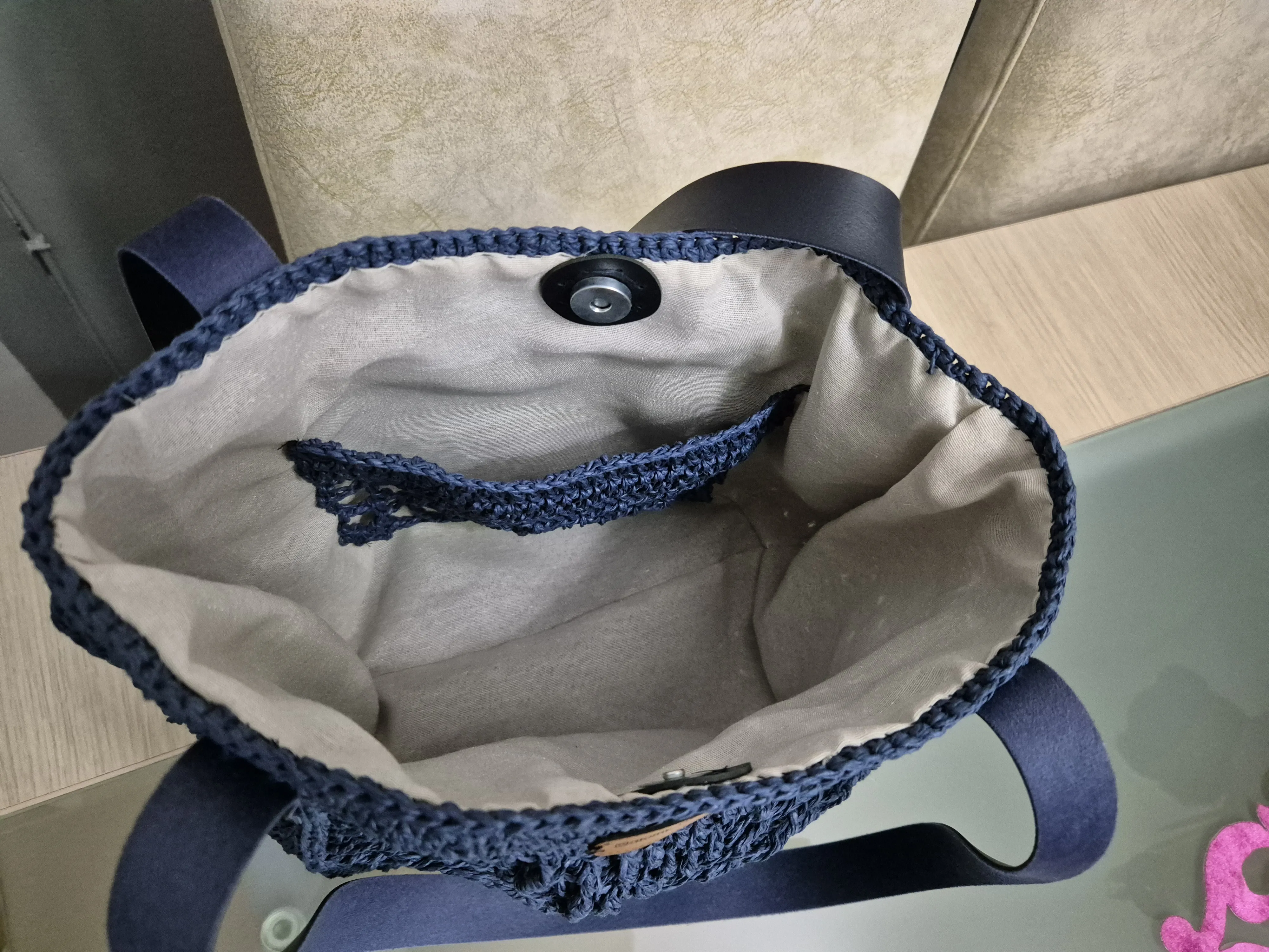 Lacivert Örgü Omuz Çantası - Deri Detaylı ve Hasır Görünümlü