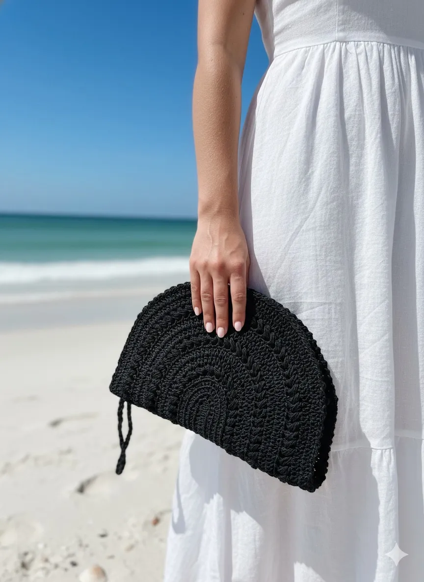 El Yapımı Yarım Daire Kağıt İp Klâç Çanta | Doğal Hasır Görünümlü Yaz Çantası