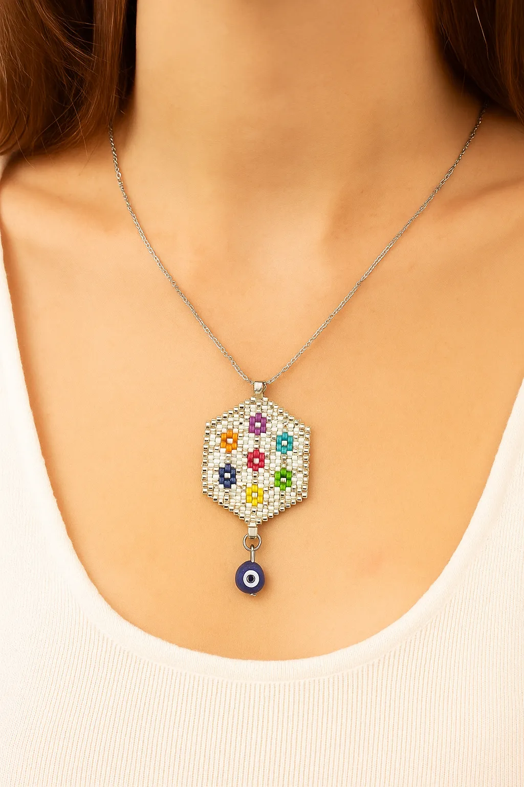 Renkli Yaşam Çiçeği Desenli Miyuki Boncuk Kolye - Nazar Boncuklu