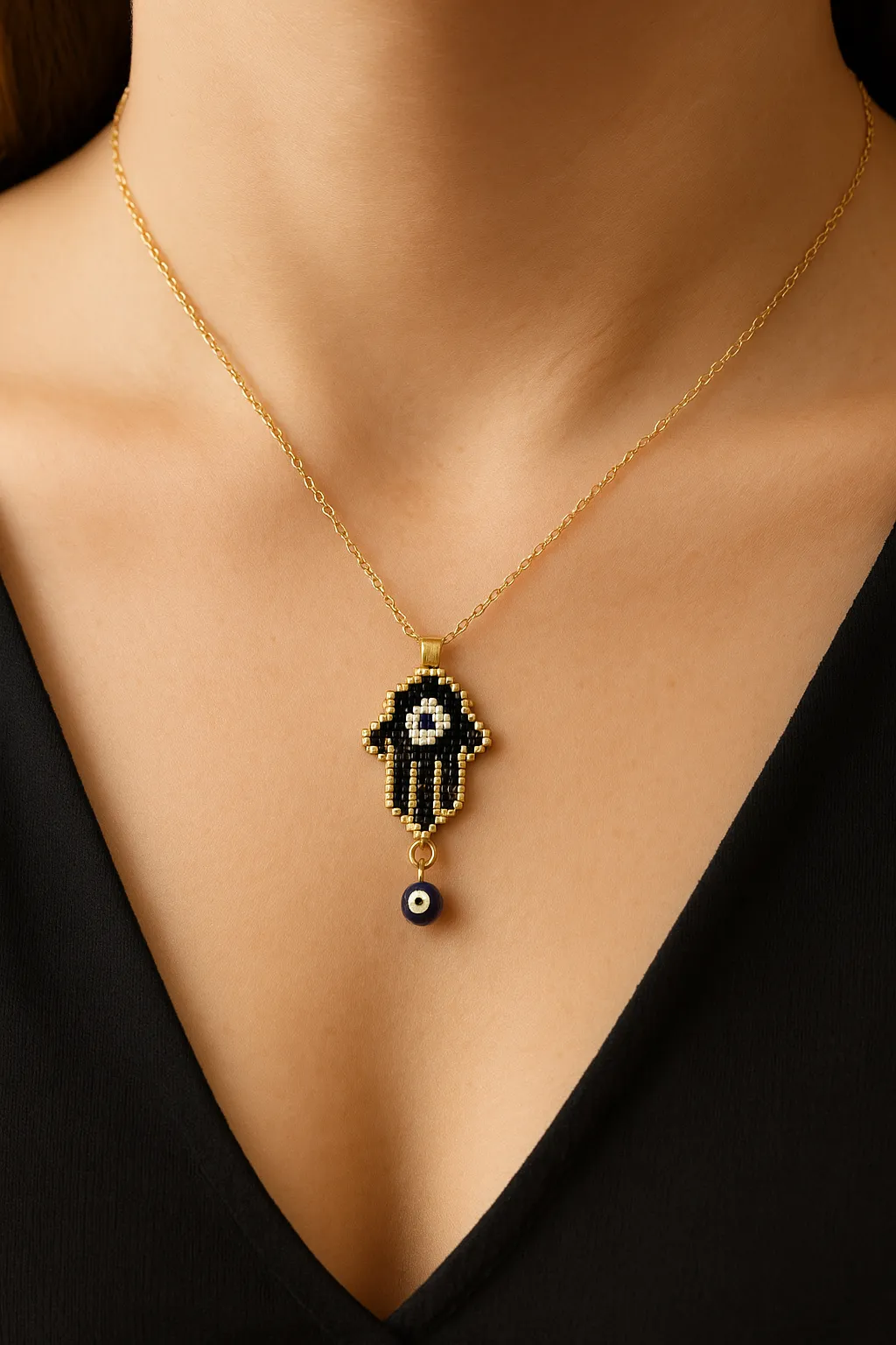 Miyuki Boncuklu Fatma Ana Eli Kolye - Nazar Boncuklu Tasarım