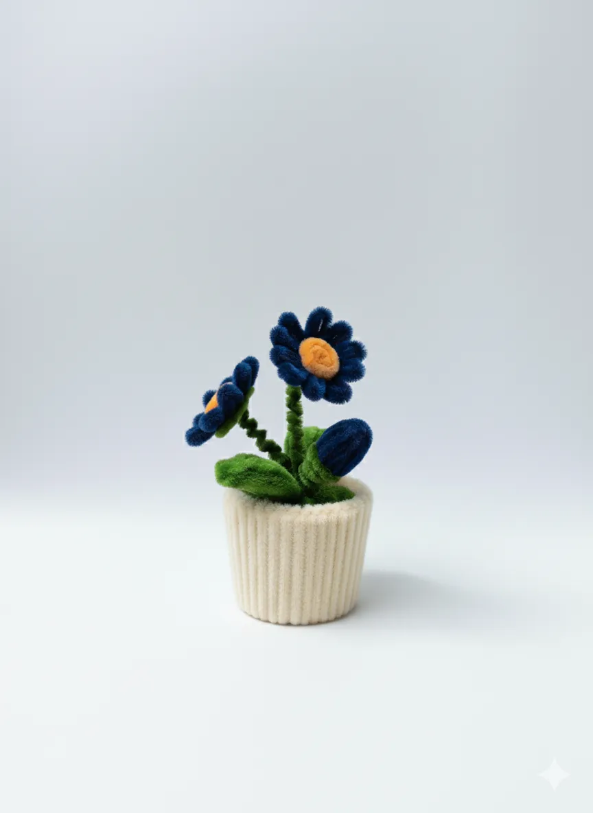 Şönil İpliği ile Yapılmış Lacivert Pıtırcık Saksı Çiçeği Dekoratif Obje