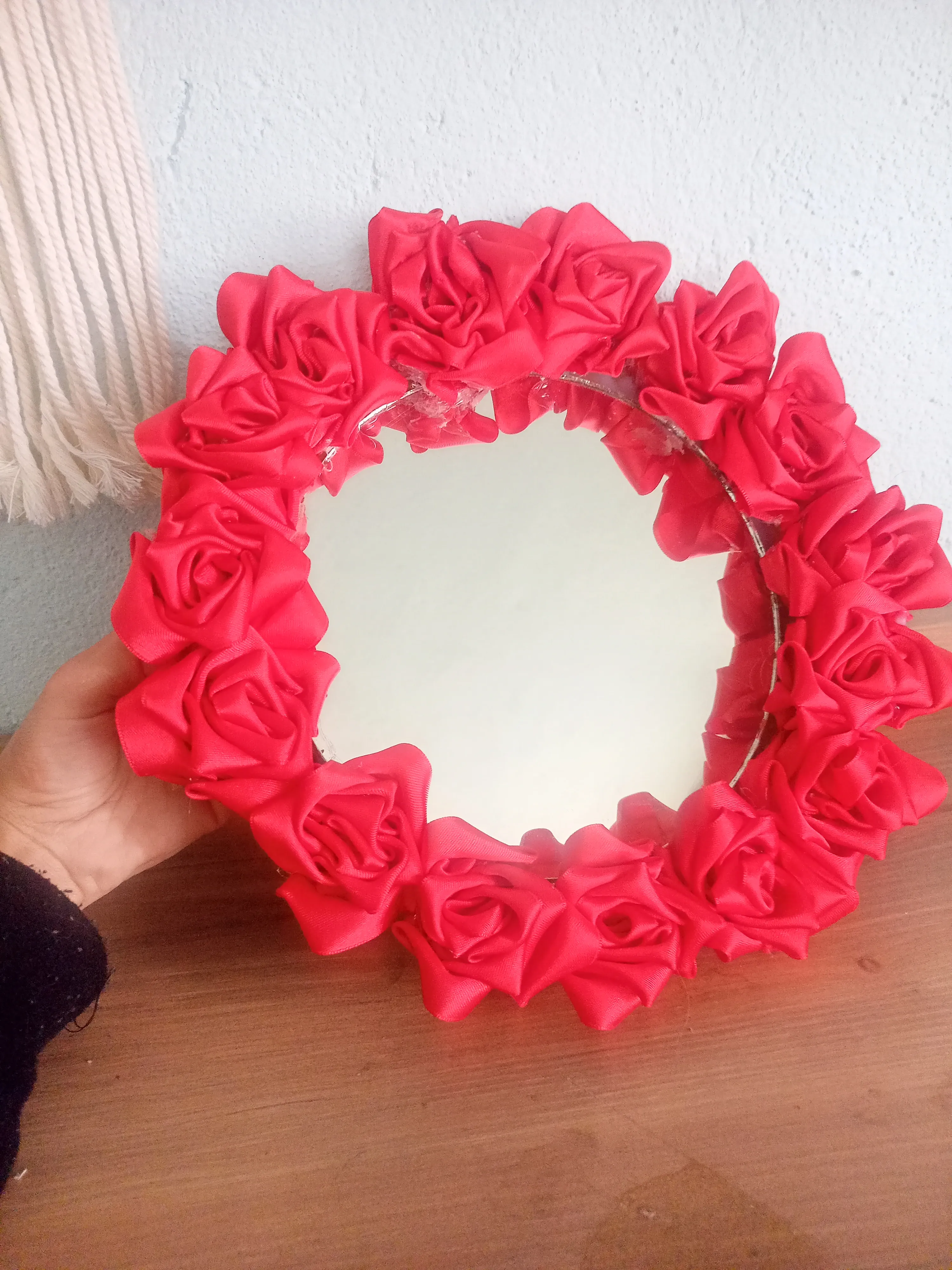 Round Mirror Ornament with Red Rose Detail - Decorative Wall Mirror