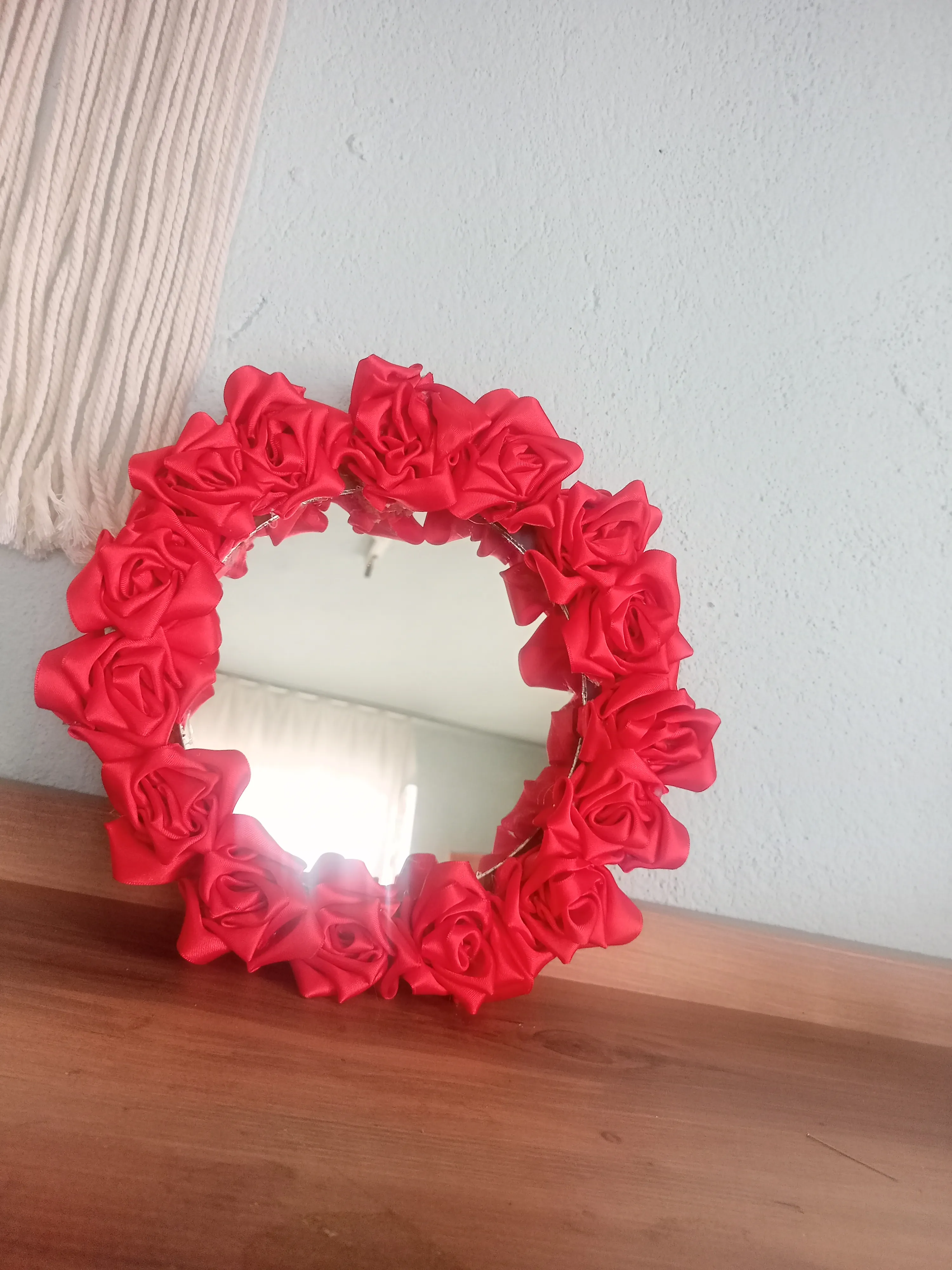 Round Mirror Ornament with Red Rose Detail - Decorative Wall Mirror