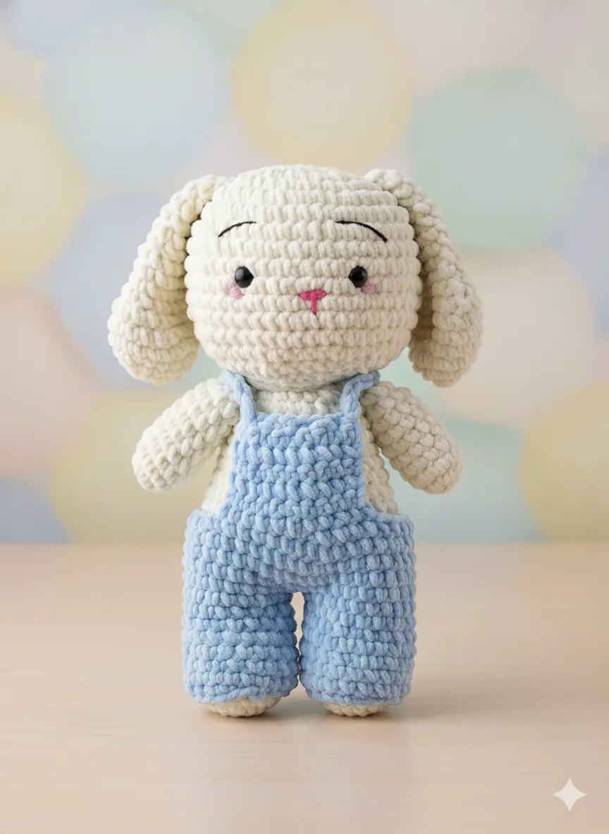 Blue Overalls Knitted Toy Rabbit Baby - Handmade with Velvet Yarn