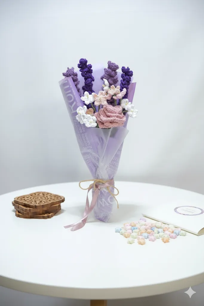 Lavanta Solmayan Örgü Çiçek Buketi Hediyelik Lavanta Mor