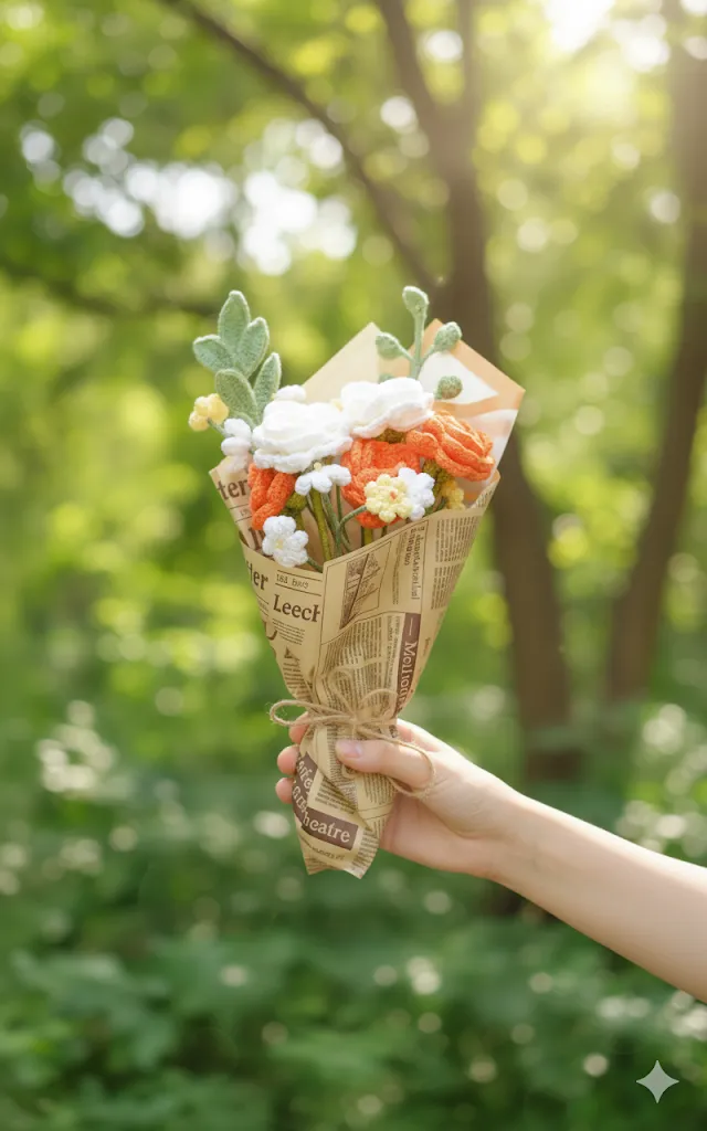 Sunshine Solmayan Gül Örgü Çiçek Buketi Hediyelik Turuncu