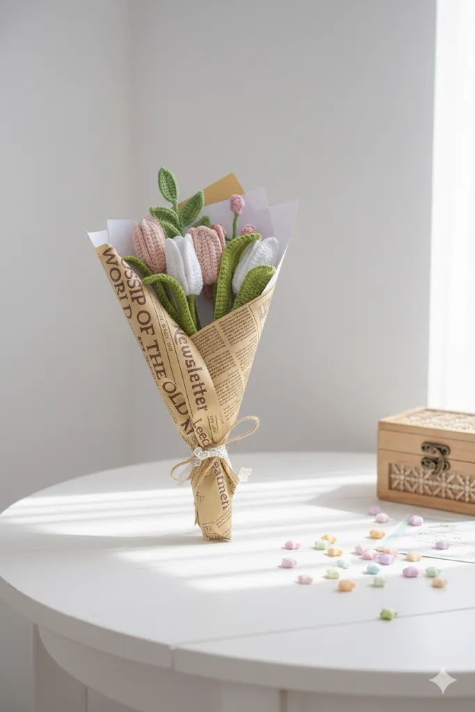 Tulip Charm Lale El Yapımı Örgü Çiçek Buketi Hediyelik Çok Renkli