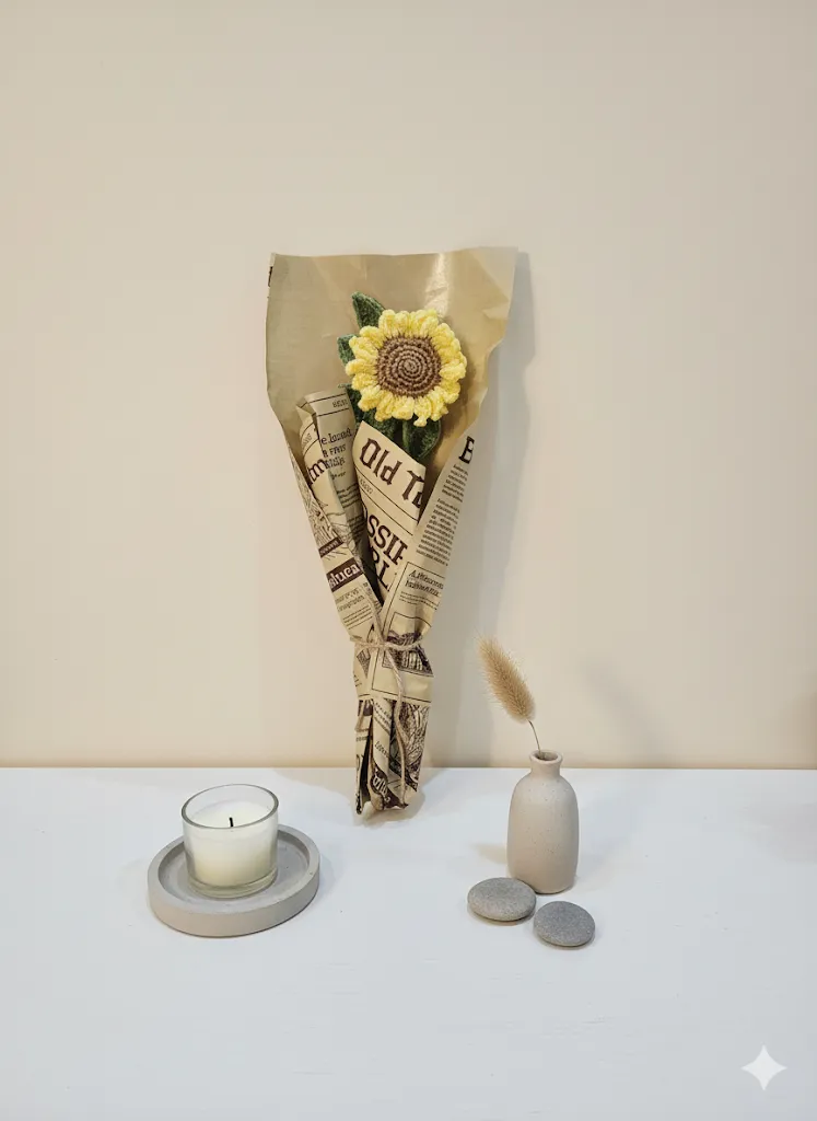 Ayçiçeği Örgü Çiçek Buketi - Solmayan Dekoratif Çiçek Aranjmanı Hediyelik