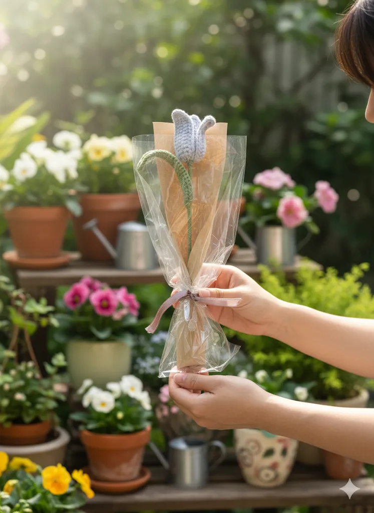 Solmayan Bebe Mavisi Örgü Lale Çiçek - Tekli Hediyelik Eşya