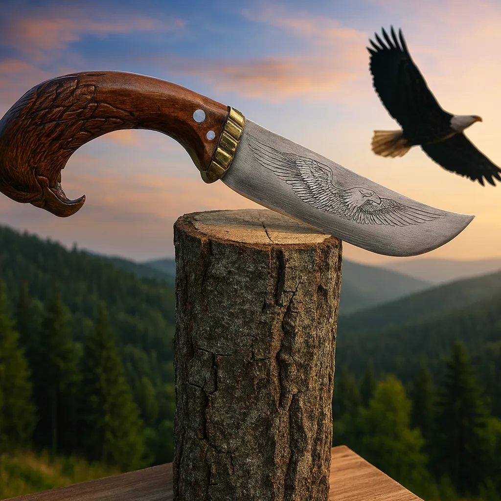 Ceviz Saplı İsveç Çeliği Kartal Figürlü Hançer ve Standı