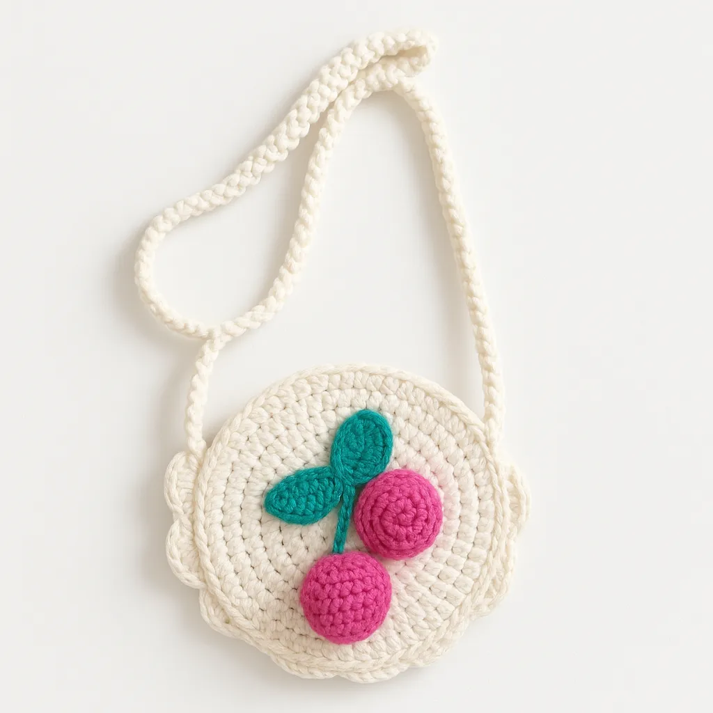 Örgü Çocuk Çantası - Kiraz Desenli, Beyaz Renkli, Omuz Askılı