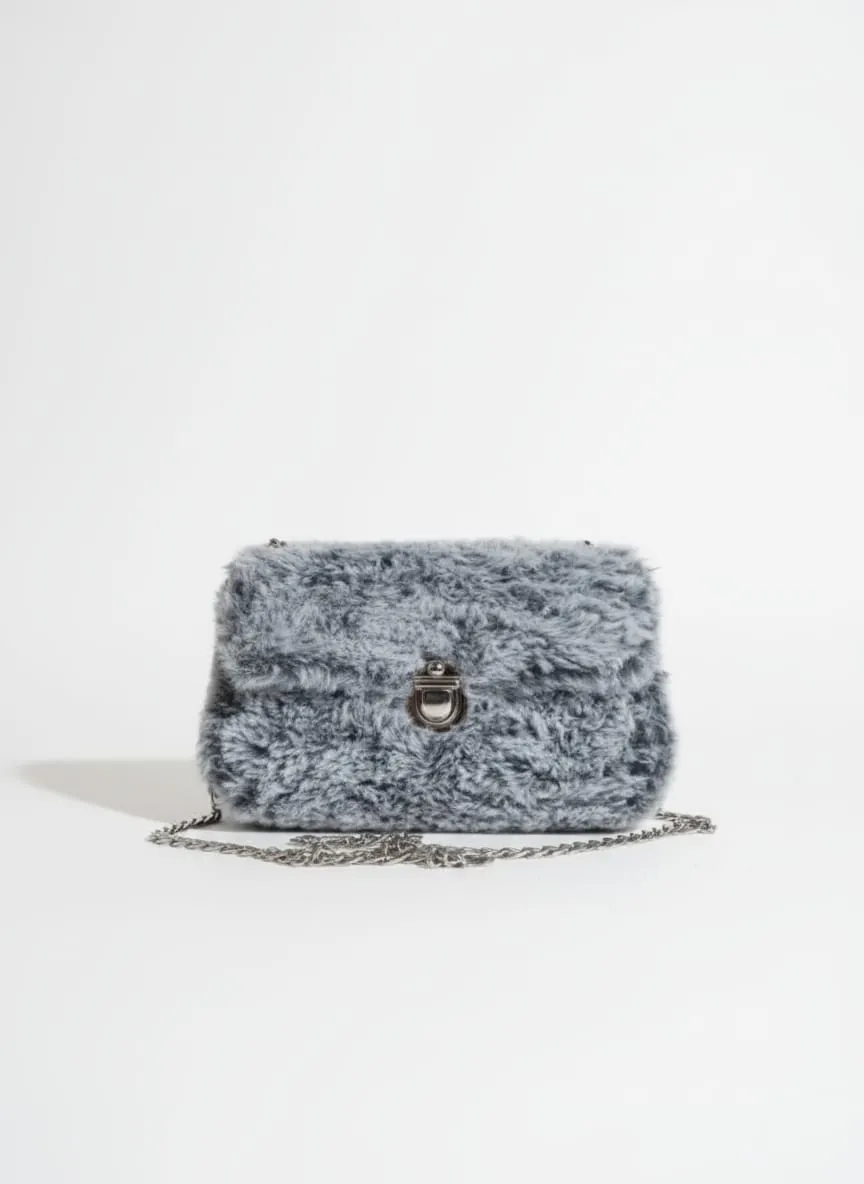 Gri Fox Fur Luxe Kürk Çanta - Kişiselleştirilebilir Metal Zincirli