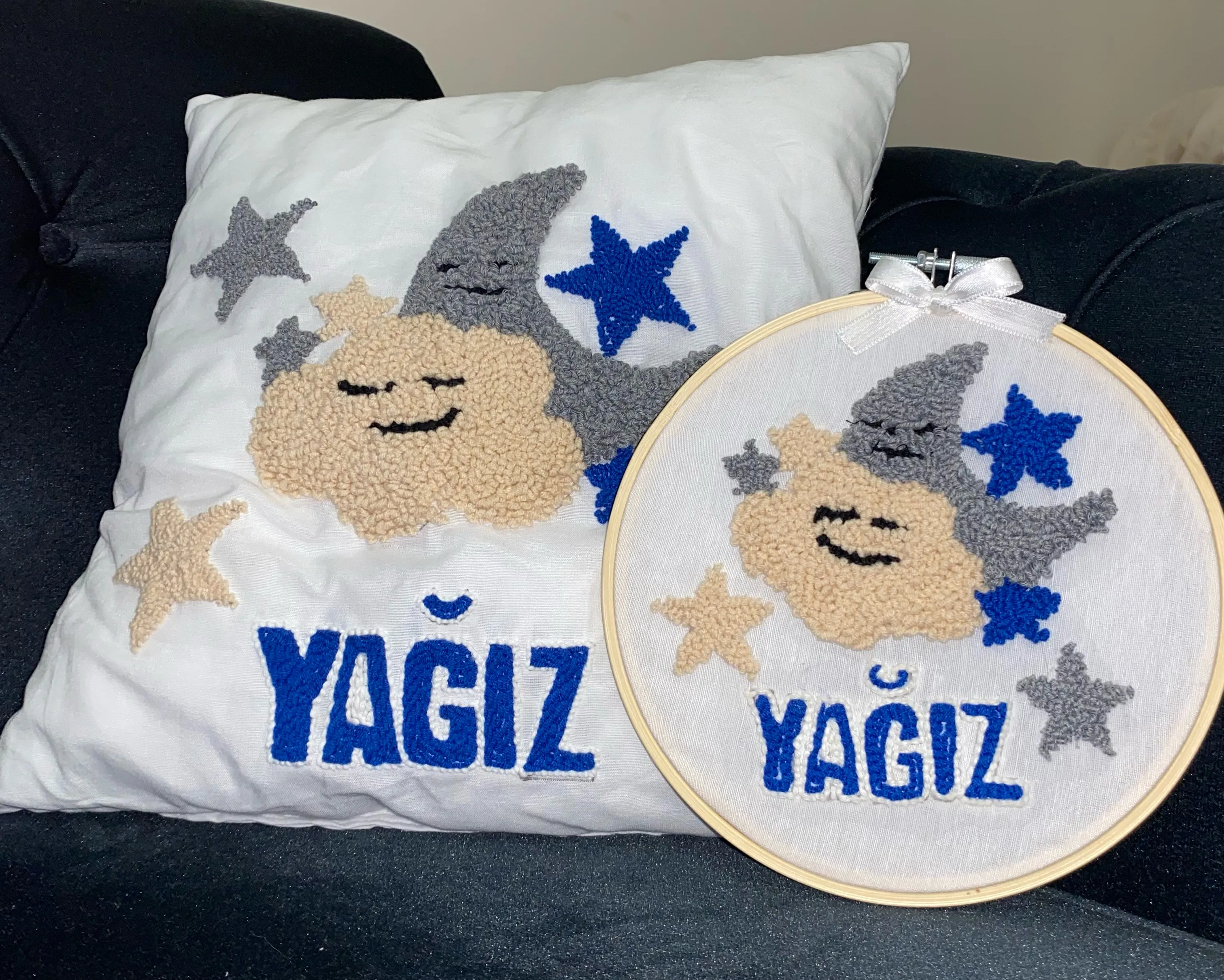 Name Embroidered Baby Pillow and Door Ornament Set - Handcrafted Punch Needle