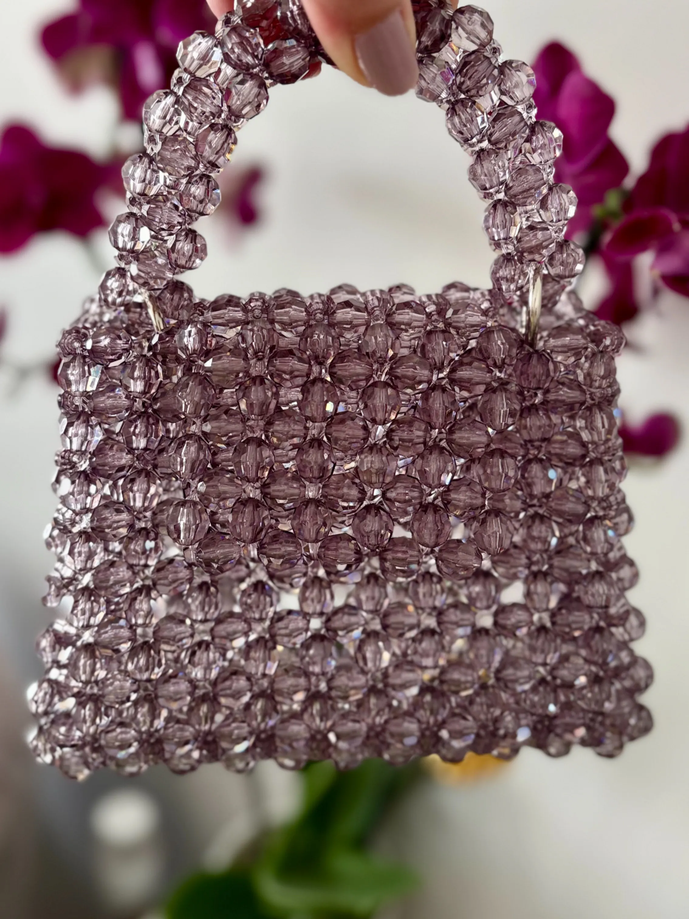 Leylak Rengi Boncuklu Mini Çanta - Kristal Taşlı El Yapımı