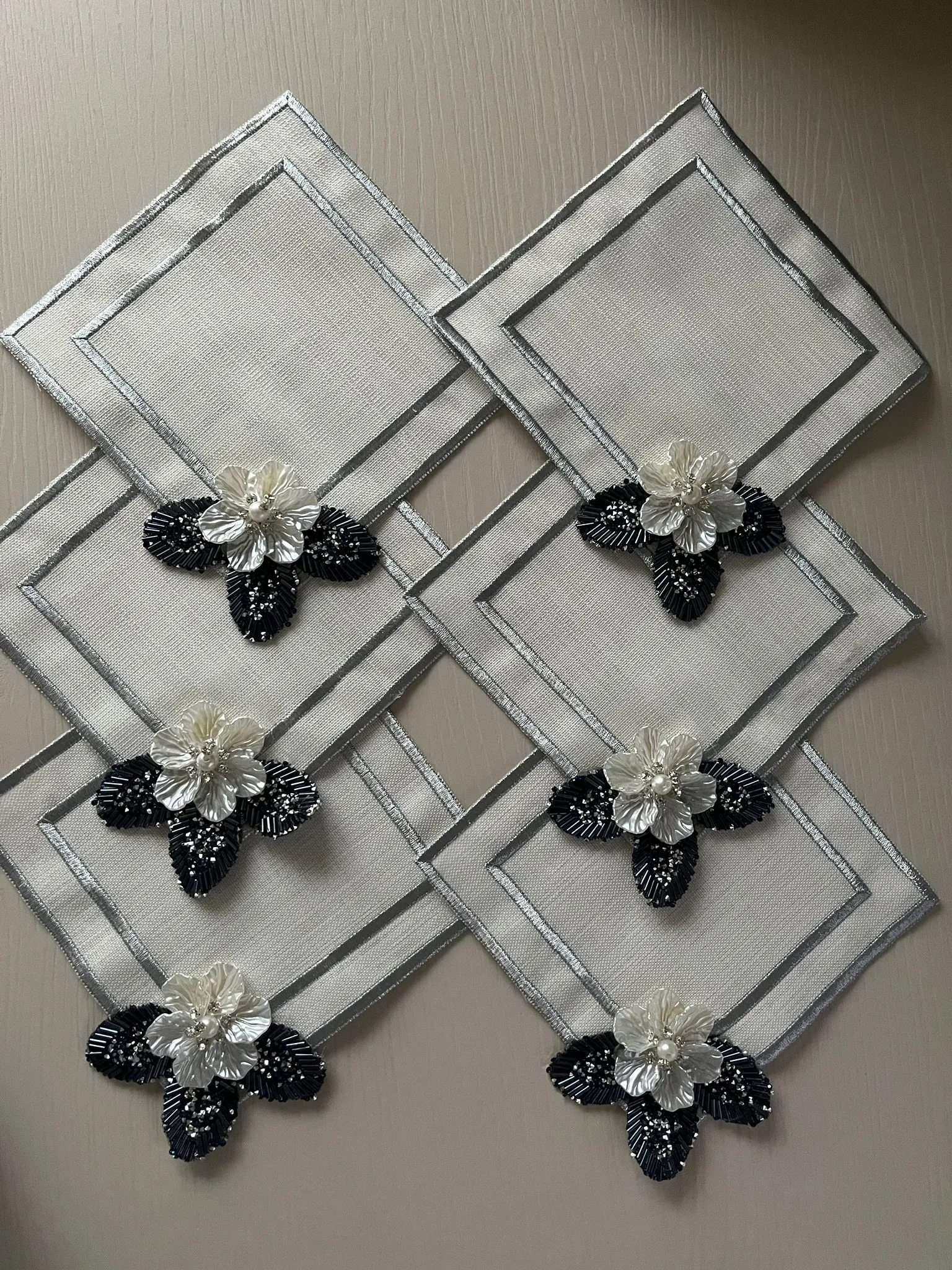 Navy Leaf White Flower Coffee Presentation Napkin (Set of 6)