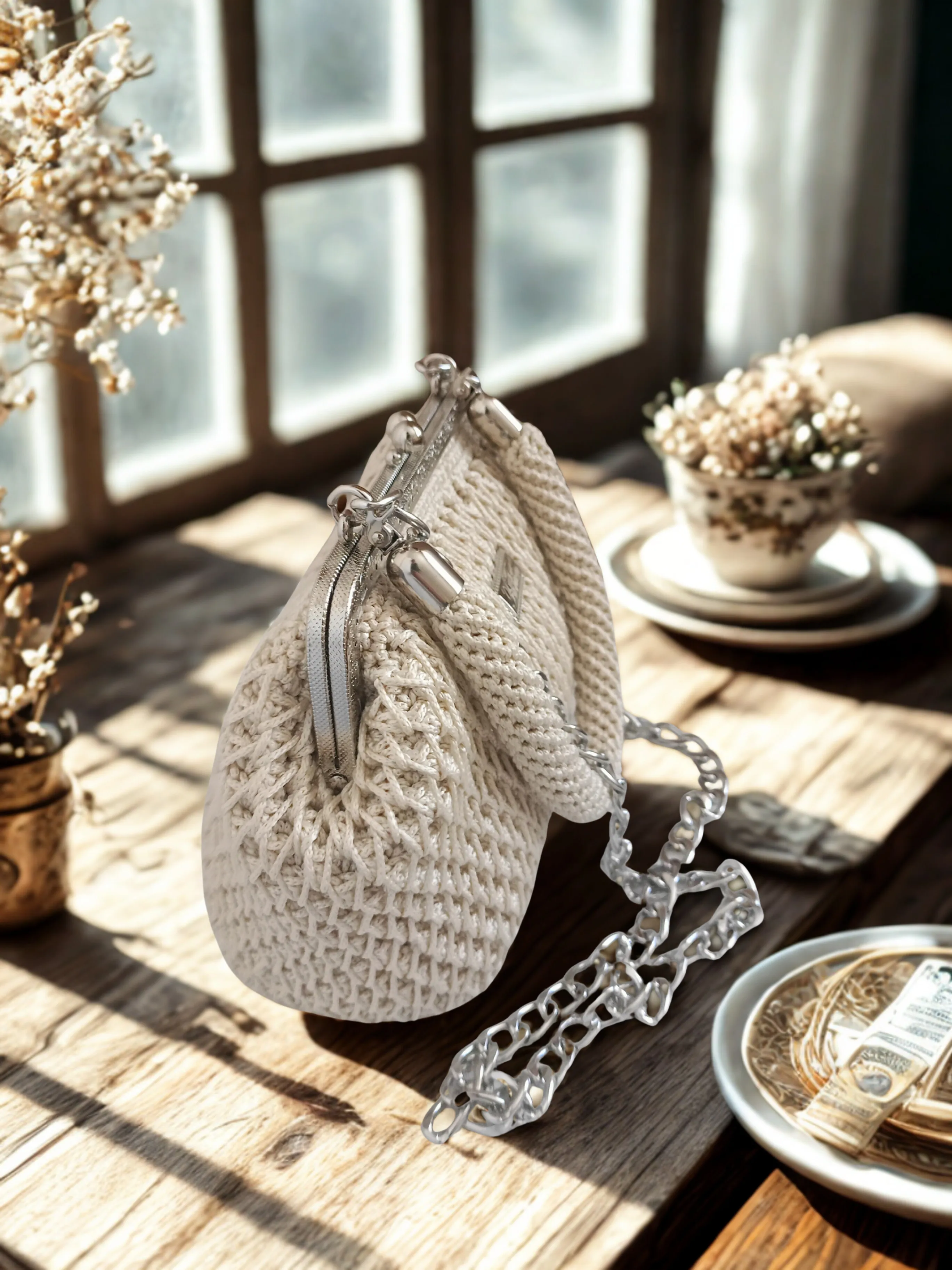 Krem Renkli Makrome Örgü Klipsli Çanta - Zincir Askılı El Emeği