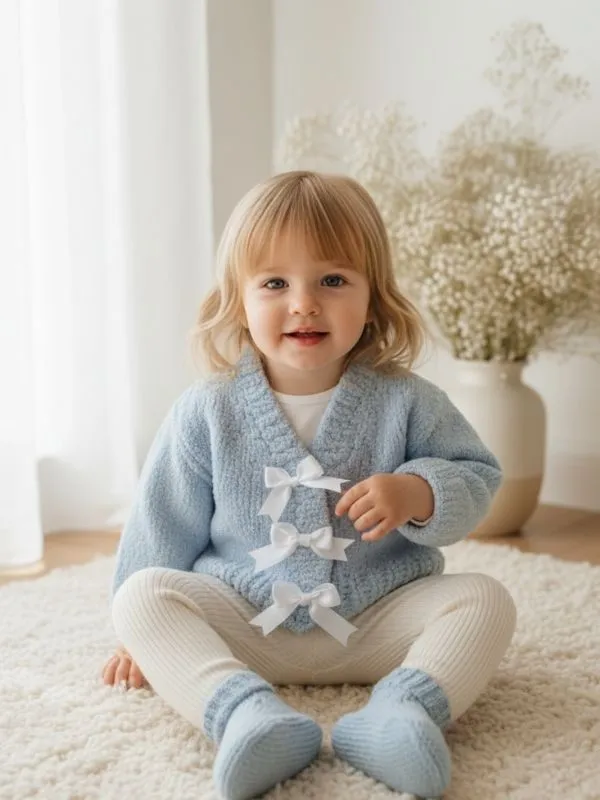 Kurdele Detaylı El Örgüsü Bebek Hırkası Yumuşak Tasarım Baby Shower (12-18 Ay)