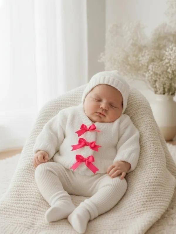 El Emeği Lüks Kurdele Detaylı Hırka  Unisex Bebek Hırkası (6-12 ay )