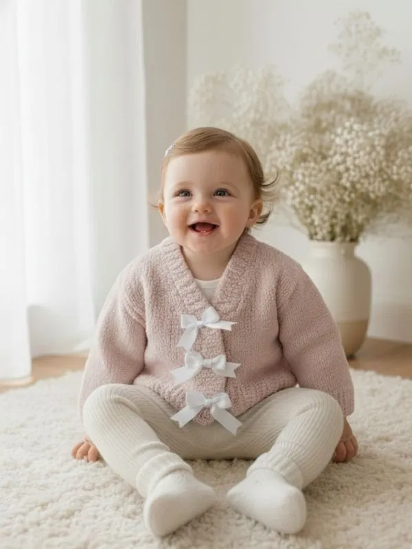 El Emeği Lüks Kurdele Detaylı Hırka Şık Unisex Bebek Hırkası (  12-24 ay)