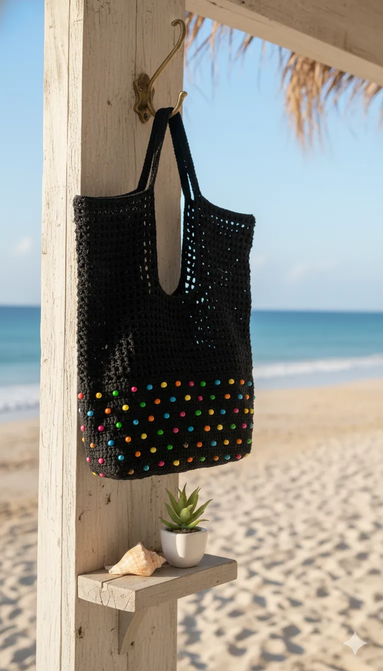 File ve Boncuk Detaylı El Örgüsü Çanta