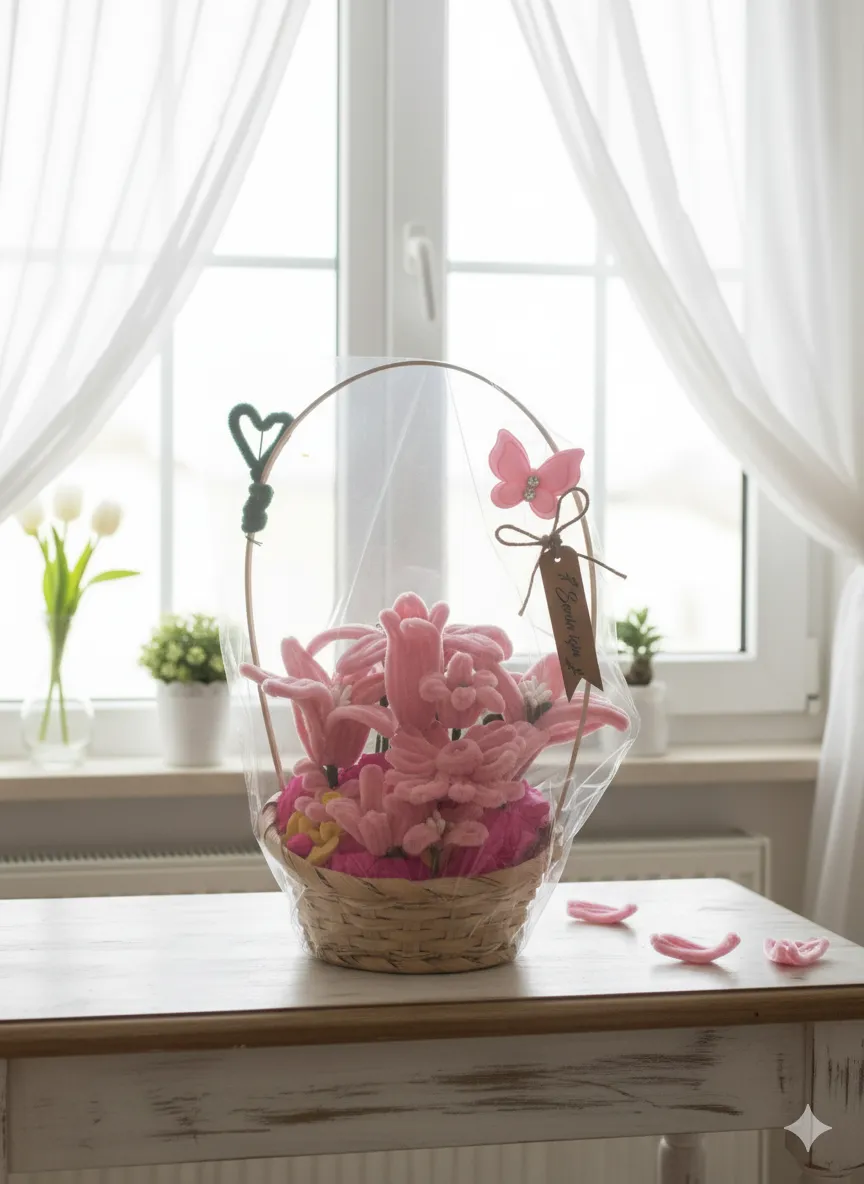Hasır Sepet İçinde Pembe ve Yeşil Şönil Çiçekler - El Yapımı