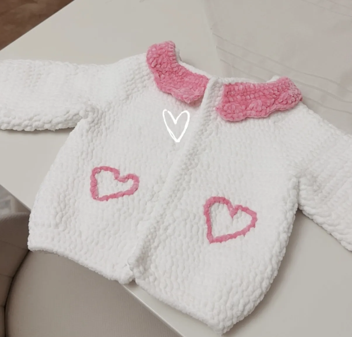 White Velvet Knitted Baby Cardigan - Pink Heart Detail, Handmade