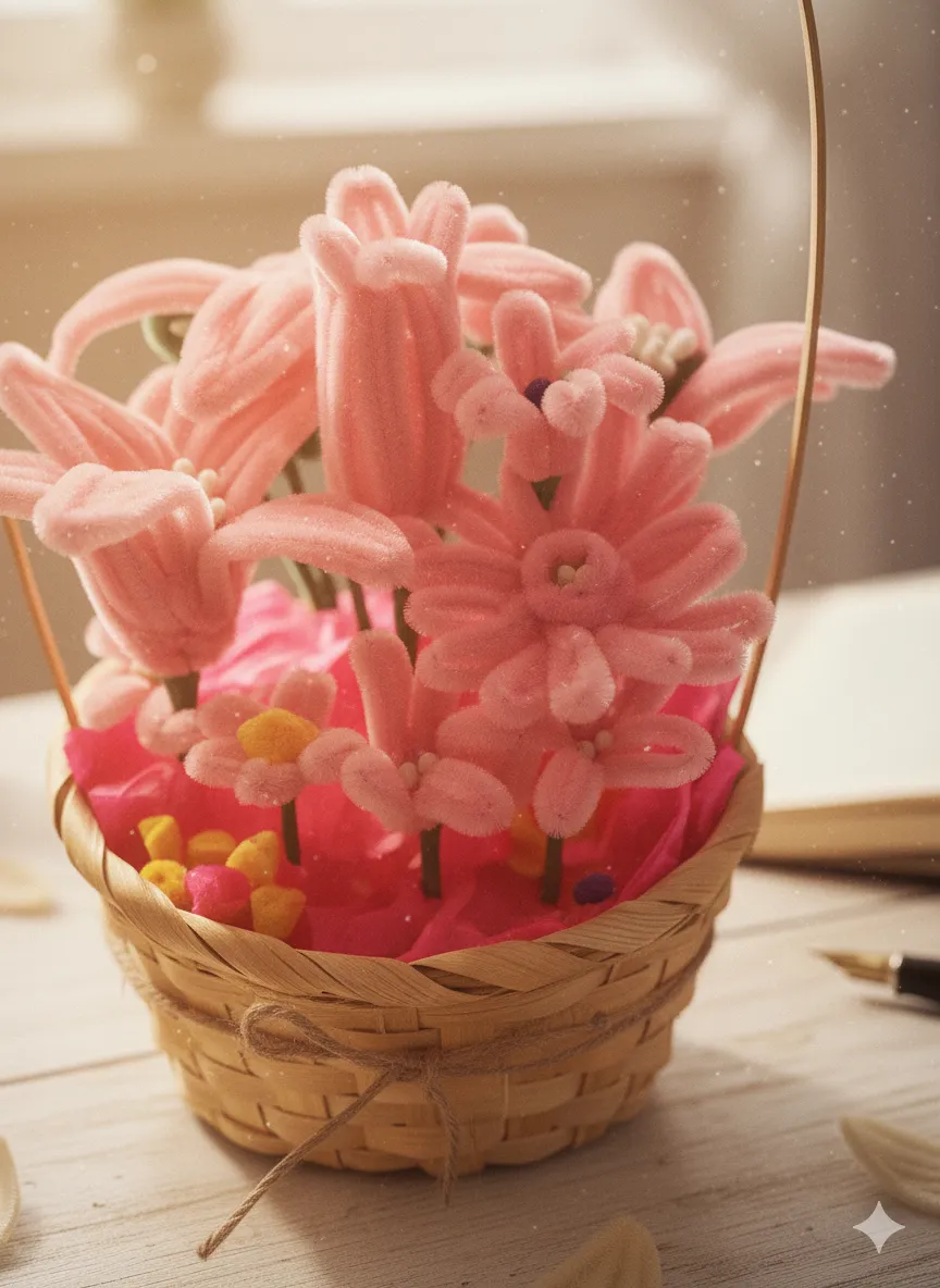 Hasır Sepet İçinde Pembe ve Yeşil Şönil Çiçekler - El Yapımı