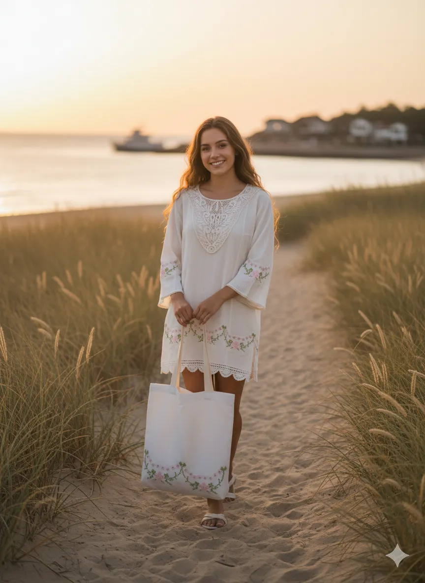 White Canvas Embroidered Cotton Shirt Dress and Bag Combination