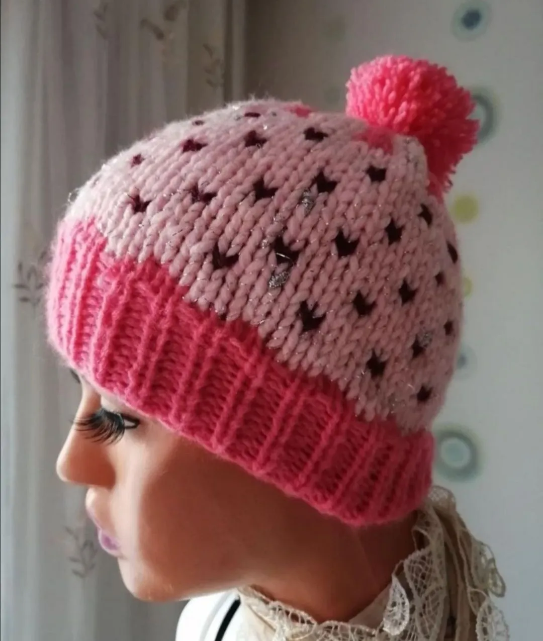 Pembe Simli Örgü Bere - Ponponlu, Kışlık, Yumuşak Dokulu