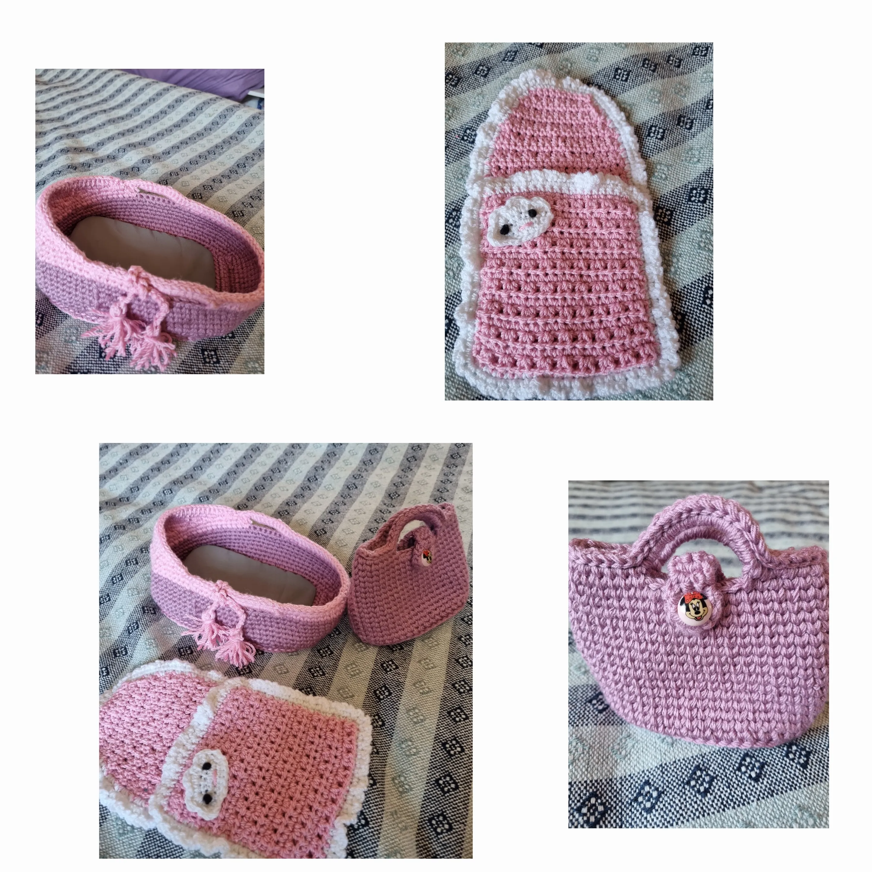 Pembe Amigurumi Oyuncak Bebek Seti - Kundakta Uyuyan Bebek