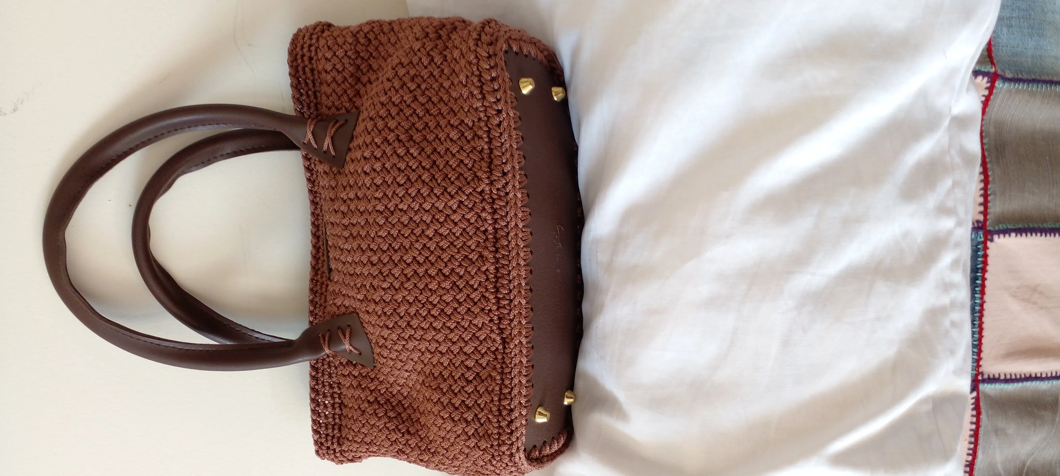 Makrome İpten Örme Hasır Görünümlü El ve Kol Çantası - El Emeği