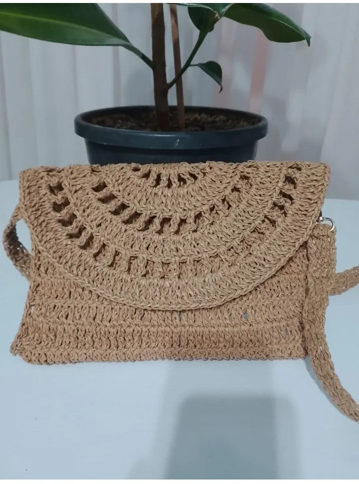 Kağıt İp Örgü Omuz Çantası - Koyu Bej Renk, Cepli ve Astarlı