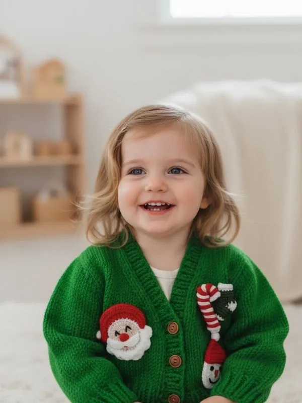 Noel Temalı El Örgüsü Bebek Hırkası Yeşil Santa & Kardan Adam Figürlü 0-1 Yaş
