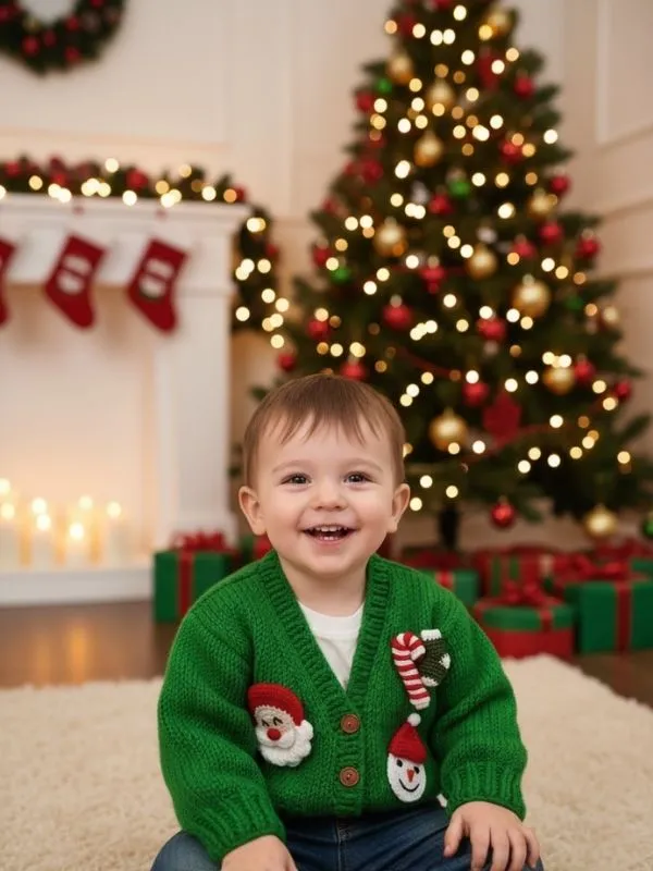 Özel Tasarım El Örgüsü Figürlü Yeşil Yılbaşı Noel Konseptli Bebek Hırka 2 -4 yaş
