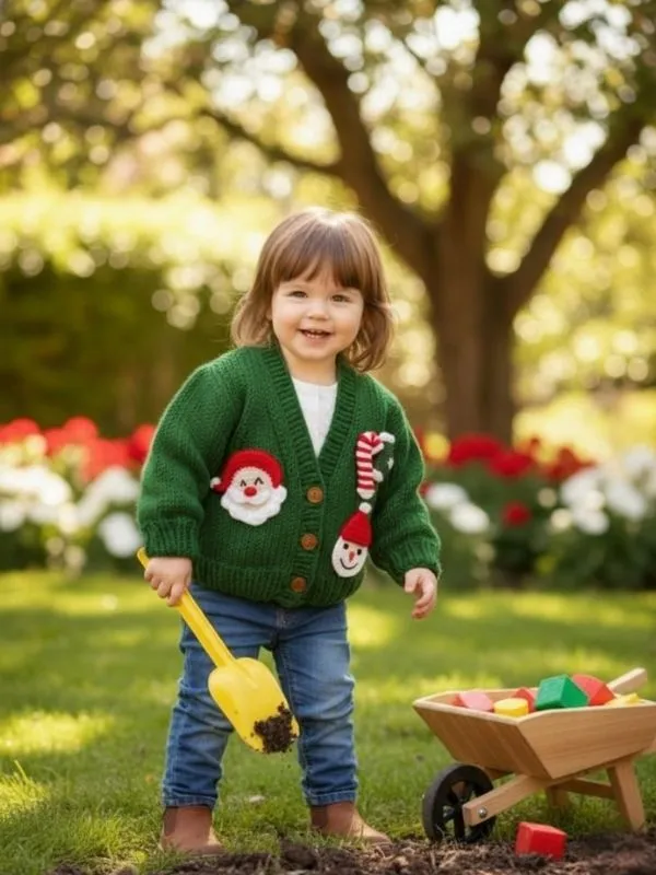 Noel Temalı El Örgüsü Bebek Hırkası Yeşil Santa & Kardan Adam Figürlü 0-1 Yaş