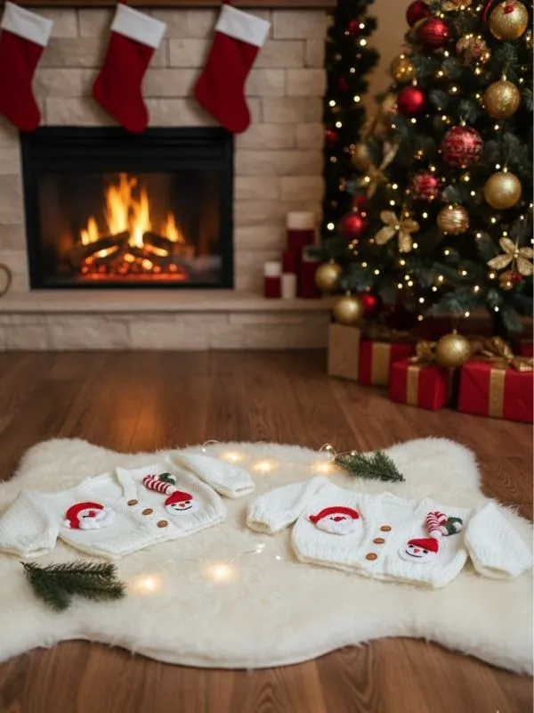 Özel Tasarım El Örgüsü Figürlü Beyaz Yılbaşı Noel Konseptli Bebek Hırka 2 -4 yaş